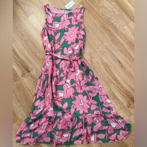 New Le Ragazze NWT Floral Pink Green Sleeveless maxi Dress silk blend tie waist